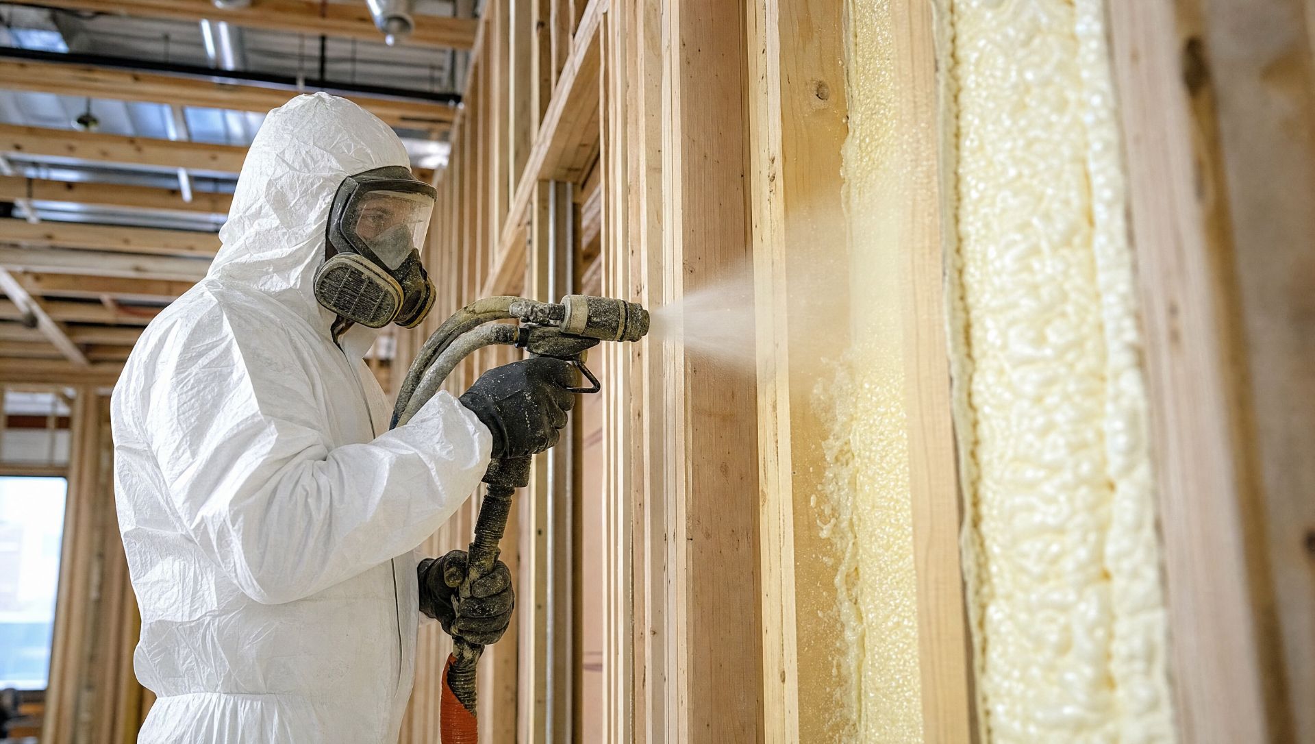 Contractor spraying spray foam insulation between wall studs