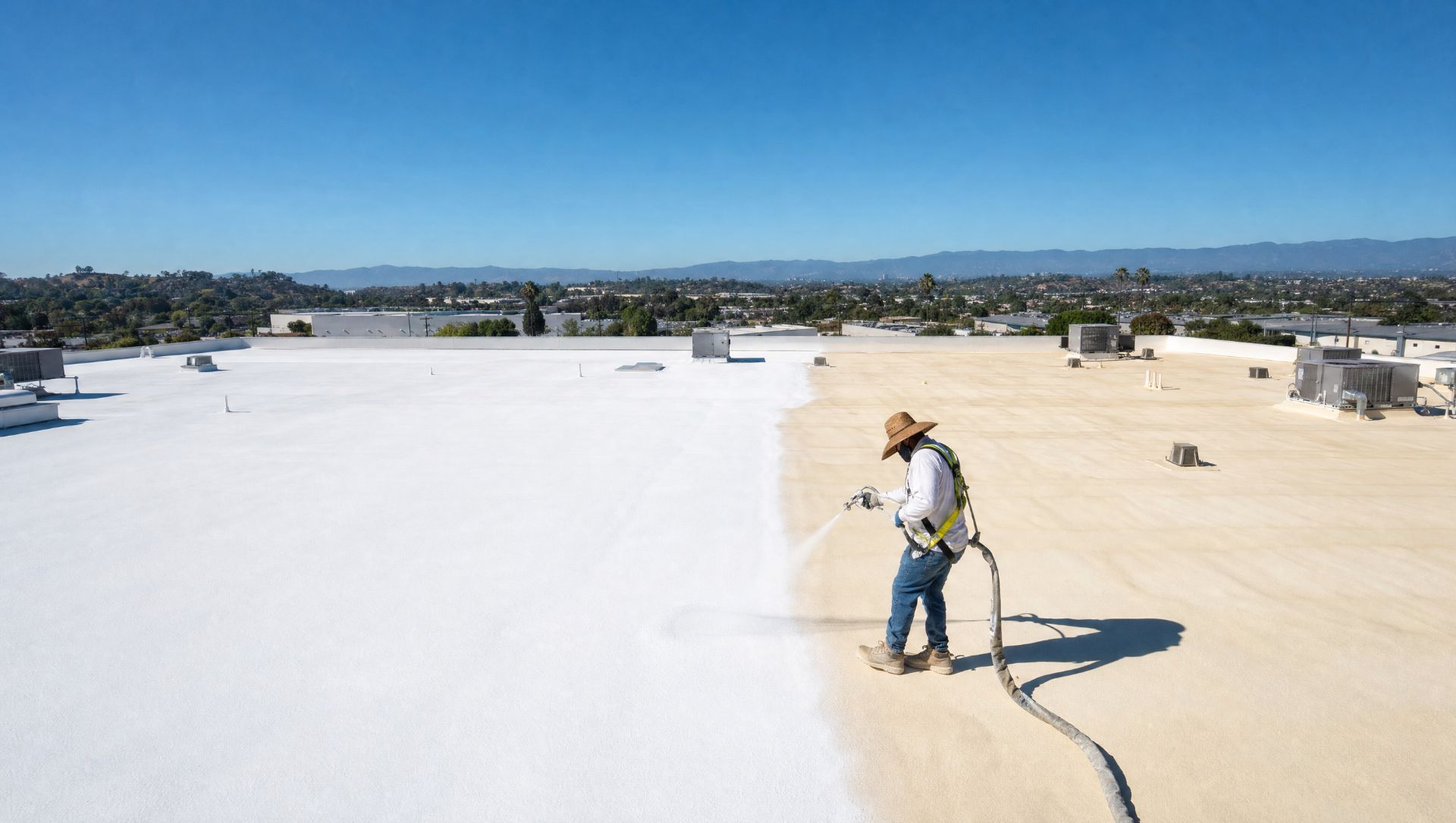 Contractor coating a spray foam commercial roof